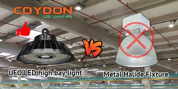 Cloches LED UFO contre luminaires aux halogénures métalliques